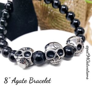 Stainless Steel Unisex  Triple Skull Black Agate Bracelet 8"